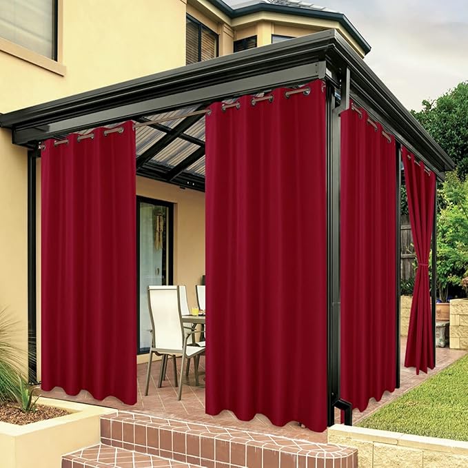BONZER Waterproof Outdoor Curtains for Patio Porch Pergola Cabana Light Filtering Privacy Grommet Indoor Curtain Panels for Bedroom Living Room, 1 Panel, 54W x 120L inch, Red
