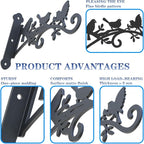 Metal Hanging Plant Bracket with Birdie Pattern 2 Pack – Heavy Duty Plant Hooks for Hanging Flower Baskets，Plants, Bird Feeder, Wind Chime - Indoor/Outdoor Use，Black Matte Texture (9 in)