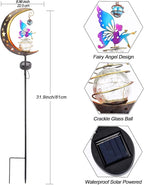 Solar Fairy Garden Light Decor, Moon Fairy Stake Lights, Crackle Glass Globe with Color Angel Decor, Outdoor LED Pathway Lights Waterproof for Walkway, Yard, Lawn, Patio or Courtyard