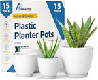White Gray Plant Pots with Drainage Holes & Saucers 15 Pack, Indoor & Outdoor Stackable Space-Saving Planters for Houseplants & Flowers, (7", 6.7", 6", 5.3", and 4.8" Inches), Durable & Weatherproof