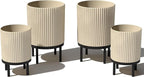 Veradek Demi Series Round Planter w/Stand for Porch/Patio | Durable Plastic-Stone Composite & Wooden Stand | Modern Décor for Tall Plants, Flowers
