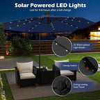 Tangkula 10ft Solar LED Patio Umbrella with Base, Offset Cantilever Outdoor Umbrella with 32 LED Lights, Infinite Tilt, 360 Degree Rotation, Crank Handle for Pool Deck Garden Backyard (Navy)