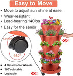 GameXcel Vertical Planter, 5 Tier Stackable Strawberry Planter with Garden Tool Set, Movable Indoor/Outdoor Garden Herb Pot for Growing Vegetables and Succulents, Red