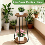 Plant Stand Indoor, 2 Tier Plant Shelf Pedestal Stand Flower Stand, Metal Wood Plant Stands for Indoor Plants Living Room Balcony Deck Garden