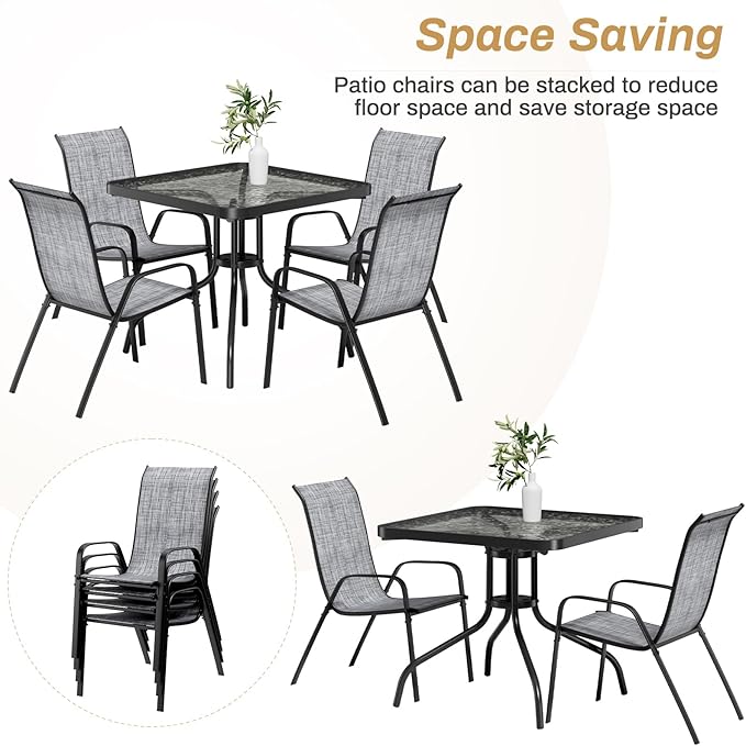 Arlopu 5 Piece Outdoor Patio Dining Set (Umbrella not Included), Porch Furniture with 4 Textline Chairs, 1 Square Glass Table for Garden, Backyard and Poolside, Lawn (Grey)