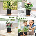Self Watering Pots, 4 inch Flower Pots with Multi Mesh Drainage Holes, Small Platic Planters for Indoor Outdoor Garden Plants and Flowers (Black with Brown Tray, 4")
