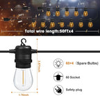 200FT(50FT*4) LED Outdoor String Lights Waterproof Patio Lights with 64 Shatterproof S14 Edison Bulbs(4 Spare), Dimmable Hanging Outdoor Light Connectable for Yard, Porch, 2700K Warm White
