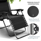 Nestl Zero Gravity Chairs, Portable Patio Lounge Chair Outdoor with Pillows & Cup Holder Trays, Adjustable Steel Mesh Reclining Camping Chair, Folding Patio Lawn Chair for Deck, Beach, Yard - Black