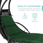 Best Choice Products Outdoor Hanging Curved Steel Chaise Lounge Chair Swing w/Built-in Pillow and Removable Canopy - Green