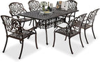 VINGLI 7-Piece Outdoor Dining Set, Cast Aluminum Patio Furniture Set for 6 with Umbrella Hole, Rectangular Outdoor Dining Table & 6 Stackable Chairs, All-Weather Garden/Poolside Dining Set Bronze