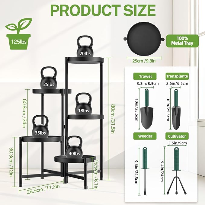 iDavosic.ly 5 Tier Large Plant Stand with Garden Tools, Tiered Corner Metal Indoor Outdoor Flower Display Holder Shelf with 10 Inch Wide Tray, Folding Tall Rack for Patio Porch Living Room, Black