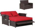 HAPPYGRILL Patio Rattan Wicker Daybed with Loveseat & Storage Ottoman, Outdoor Lounge Sofa Furniture Set with Adjustable Backrest & Side Trays, for Poolside Deck Porch Lawn (Mix Brown & Red)