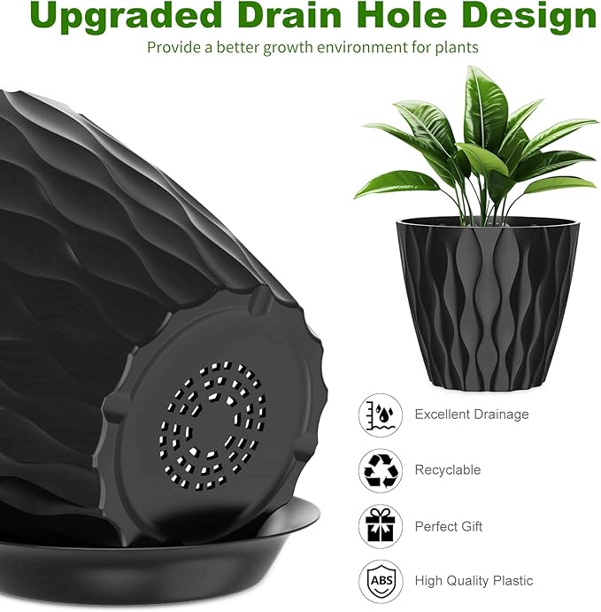 6 Pack 7 Inch Indoor Plant Pots with Drainage Holes, Outdoor Plastic Decorative Flower Pots, Garden Planters with Tray Saucers for Orchids, Violets, Succulents, Herbs, and Other Plants