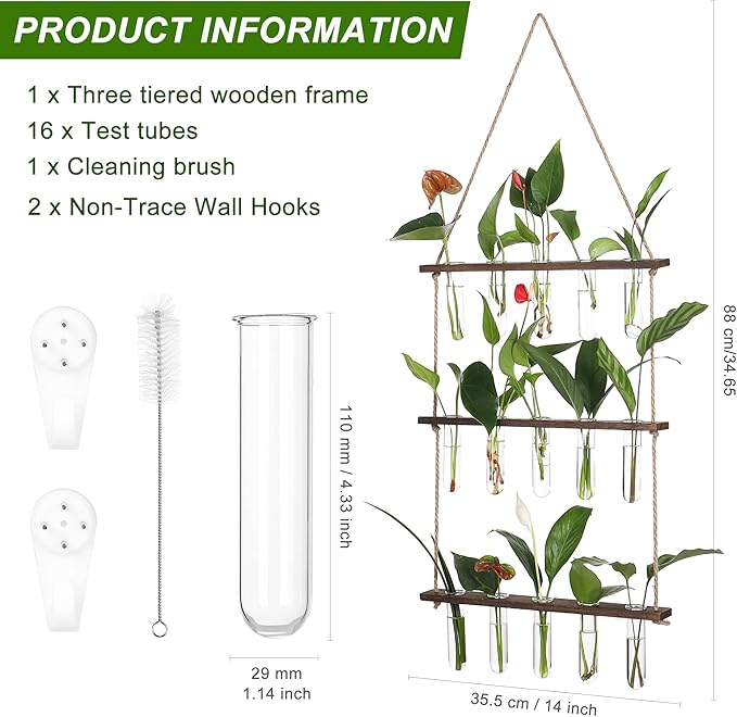 Terrarium Wall Hanging Propagation Station, 3-Tier Wood Frame, Glass Tubes