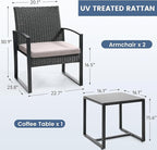 3 Piece Wicker Patio Bistro Set, Rattan Conversation Set with Coffee Table, for Balcony, Porch, Garden, Yard, Poolside, Black Frame with Grey Cushion