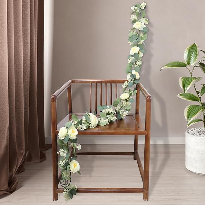 Champagne Eucalyptus Garland with Roses, 2 Pack Artificial Greenery
