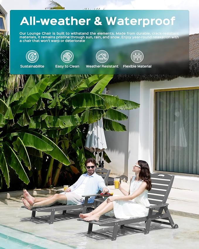Ciokea Lounge Chair Outdoor, Oversized Chaise Lounge Chair with 5 Positions, HDPE, Patio Lounge Chair with Wheels & Cup Holder for Pool, Deck, Poolside, Dark Grey