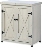 HABAU Outdoor Storage Cabinets Weatherproof for Patio, Garden Work Bench with Shelves & Metal Tabletop, Wooden Potting Table Workstation