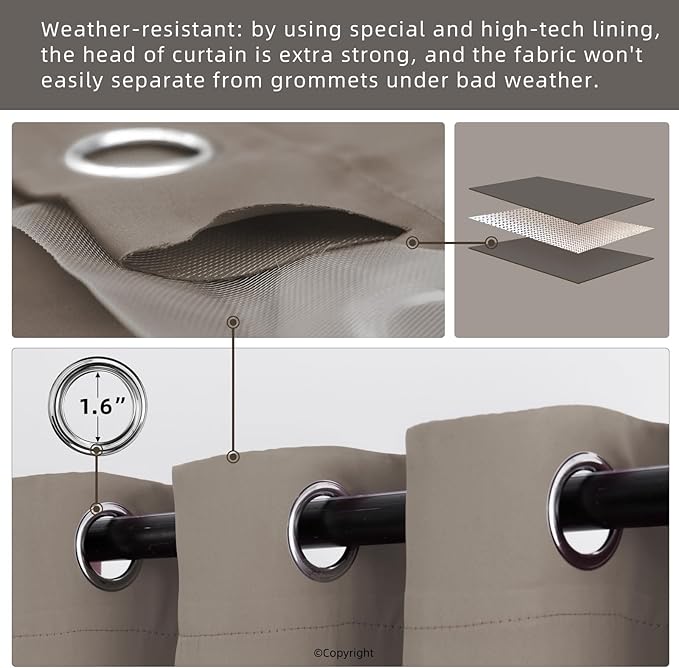 Waterproof Outdoor Curtain W52 x L84 - Grommet Top Sunlight Blocking Window Treatment Drapes Blackout Curtains for Home Bedroom Living Room Outdoor Patio Porch Pergola (Taupe, 2 Panels)