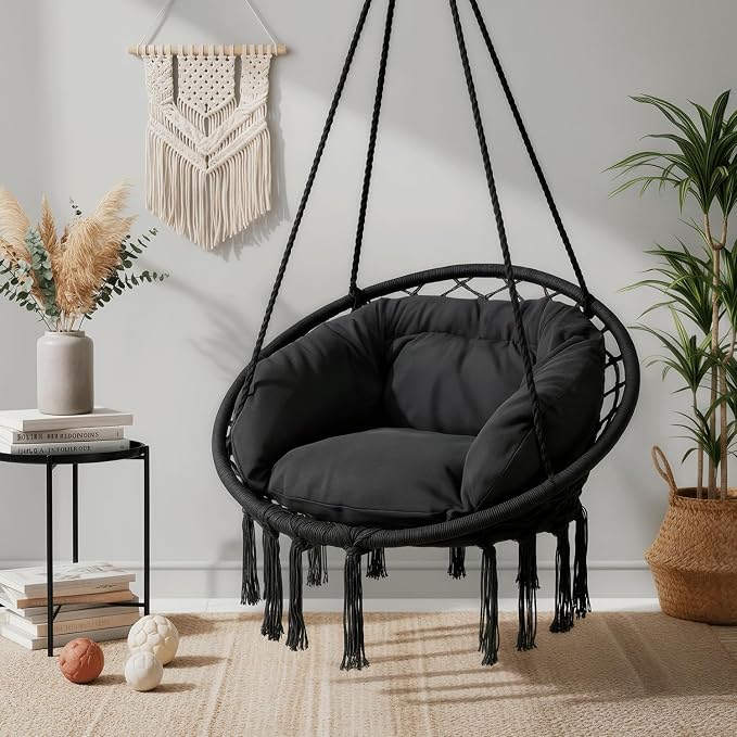 Hammock Chair with Padded Cushion, Black Macrame Hanging Swing