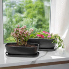E-liu Oval Ceramic Planter Pot with Drainage Hole Saucers 11 Inch Succulents Planter Home Decor for Indoor Outdoor Plants Herb Cactus with 3 Mesh Pads, Plants Not Included, Black