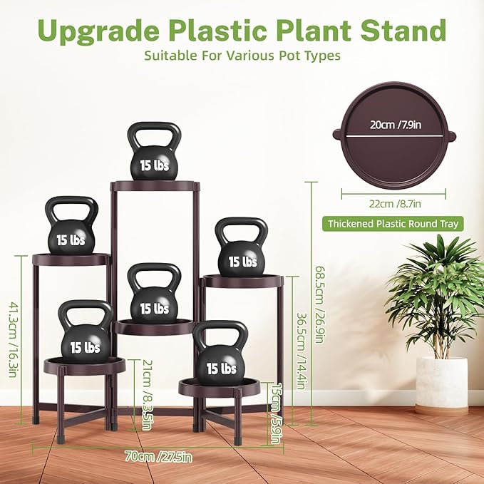 iDavosic.ly 6 Tier Folding Plant Stand Indoor Outdoor with Plastic Tray, Tiered Corner Flower Holder Shelf, Metal Orchid Display Rack for Patio Porch Living Room Garden Balcony, Bronze