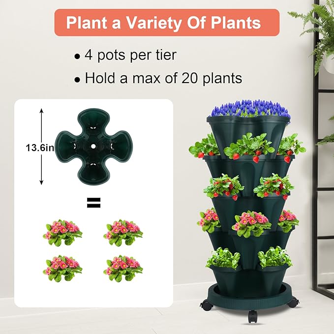 DUNCHATY Stackable Planter, Vertical Garden Planter with Wheels and Tools, Strawberry Indoor/Outdoor 5 Tier Tower Herb for Growing Vegetables Succulents, Dark Green, 2 Pack