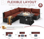 NICESOUL 6 Piece Modern Outdoor Conversation Set with Fireplace Natural Gas/Propane, 29.3'' High Back Deep Wide Seat Sofa Couches for Garden, Oversized Patio Sectionals, 2 Color Cushion Wine & Grey