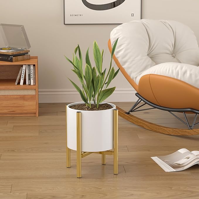 Adjustable Metal Plant Stand Indoor, Mid Century Modern Outdoor Planter Holder for 8 to 14 Inch Pots, Heavy Duty 160 LB Load, Corner Floor Stand for Home Garden Decor Golden