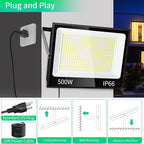 500W LED Flood Light Outdoor with Plug+10ft Cable, 60000LM Ultra Brighter 5000K Exterior Security Light, IP66 Waterproof Commercial Lighting for Sports Fields Counts Arena Stadium(2 Pack)