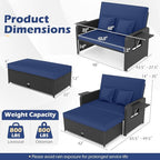 Tangkula Patio Rattan Daybed with 4-Level Adjustable Backrest, Outdoor PE Wicker Loveseat with Storage Ottoman & Folding Side Tray, Double Sunbed Lounger for Balcony, Backyard & Poolside (Navy)