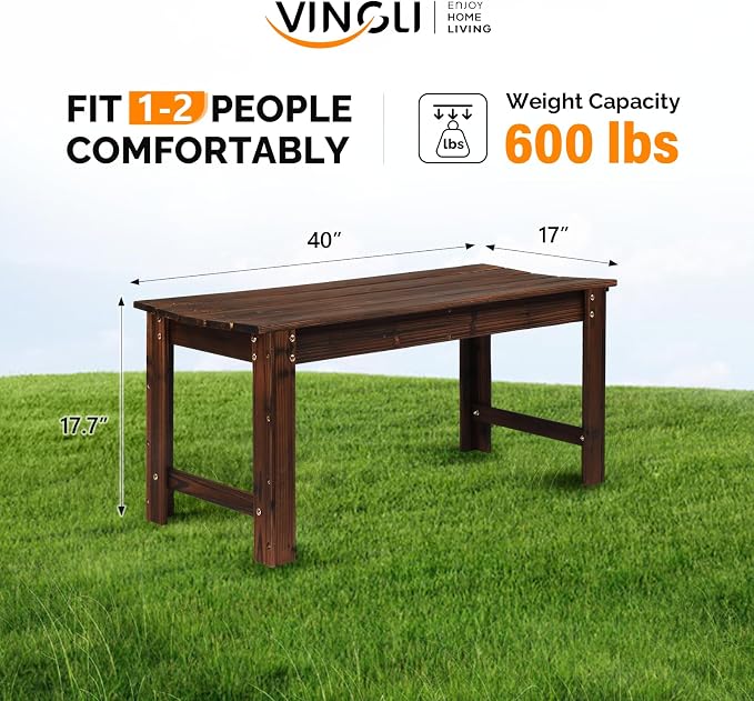 Garden Bench 40-Inch Carbonized Solid Fir Wood Backless Outdoor Seat