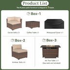 Aoxun 8 Piece Patio Furniture Set with 44” Fire Pit Table Wicker Rattan Outdoor Sectional Sofa Set with Coffee Table and Thickened Cushions, Beige (Waterproof Cover Included)