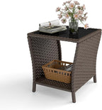 Side Table for Outdoor Use, Wicker with Glass Top and Storage Shelf