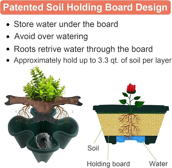 Vertical Planter 3 Tier Stackable Planters Garden Planters Strawberry Herb Flower and Vegetable Planter Indoor Outdoor Gardening Pots with Removable Wheels and Tools