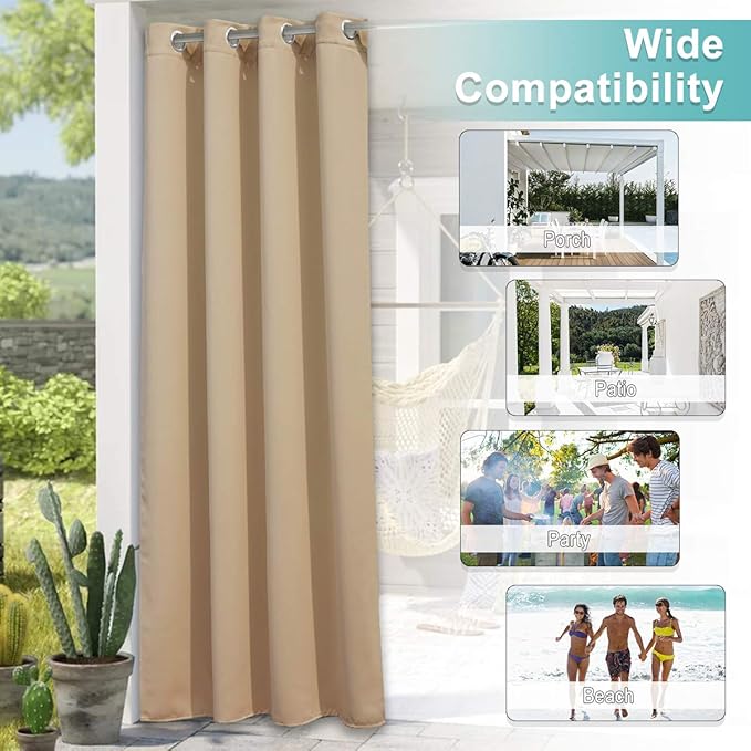 NICETOWN Patio Blinds Outdoor Waterproof Curtain, Rustproof Stainless Steel Eyelet Room Darkening Thermal Insulated Outdoor Drape Privacy for Pergola/Arbor, 1 Panel, W52 x L120, Biscotti Beige