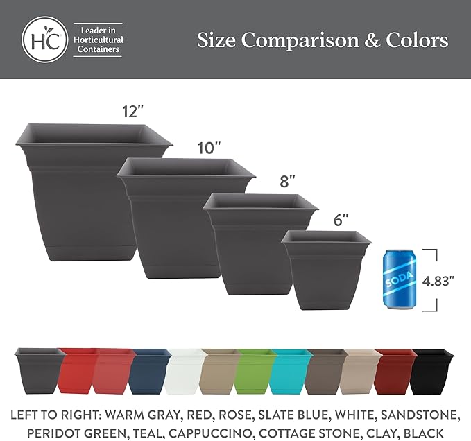 The HC Companies 12 Inch Eclipse Square Planter Pots with Drainage Holes & Attached Saucer, Lightweight UV-Resistant Plastic Indoor Outdoor Planters, 2-Pack Flower Pots, Garden Home Decor, Slate Blue