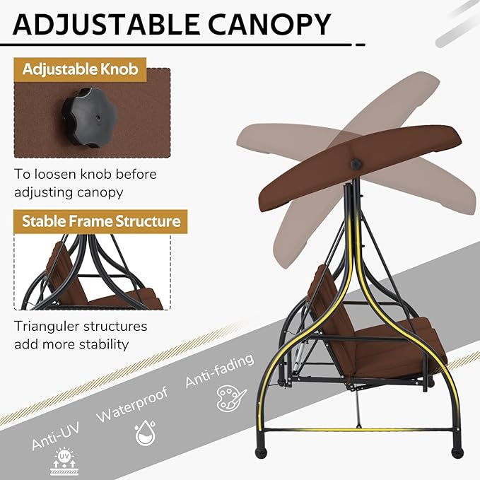 U-MAX Porch Swing Chair with Adjustable Backrest&Canopy, 3 Seat Patio Swing with Canopy 2-in-1 Convertible Outdoor Swing with Canopy Patio Daybed with Removable Brown Cushions for Adults