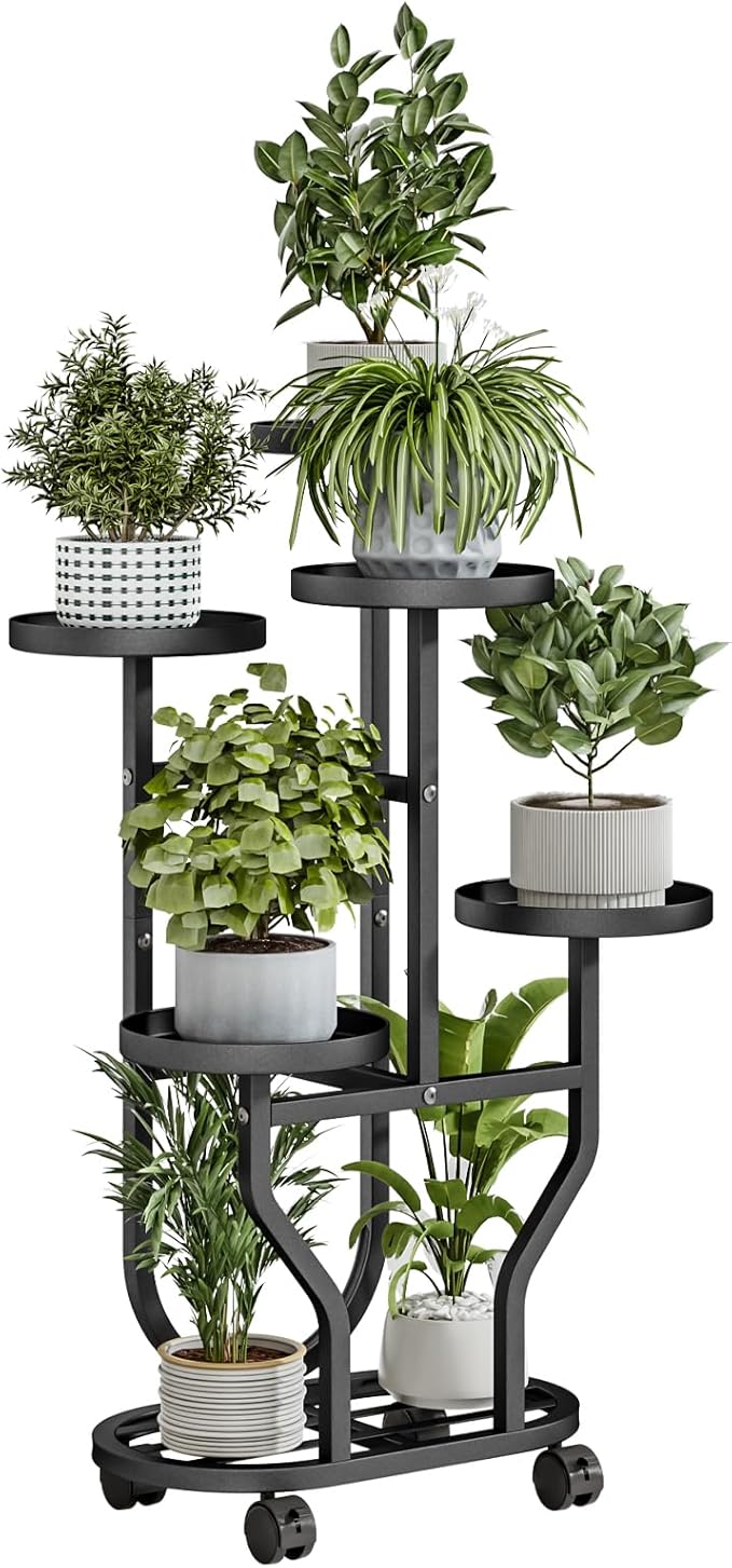 Plant Stand 5 Tier Indoor Outdoor Metal Flower Shelf with Wheels Multi Plants Holder Display Rack for Garden Patio Balcony Living Room Black (Black, 5 Tier)