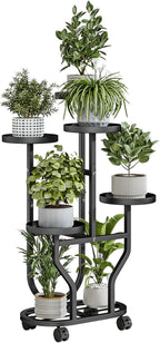 Plant Stand 5 Tier Indoor Outdoor Metal Flower Shelf with Wheels Multi Plants Holder Display Rack for Garden Patio Balcony Living Room Black (Black, 5 Tier)
