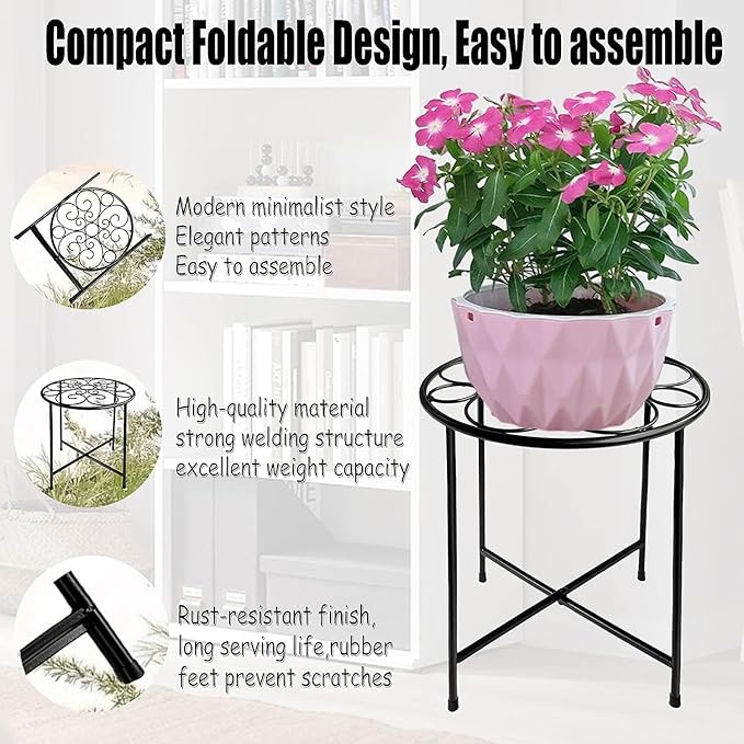 Plant Stand, 2 Pack Round Plant Stands Indoor Outdoor, Retro Design 15'' Tall Plant Stand, Rust-proof Coated Metal Plant Pot Stand Flower Stands for Indoor Plants Patio Garden Home Decor Black