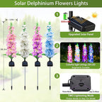 Solar Garden Lights, Solar Delphinium Flowers Lights 8 Pack 160 LEDs, Waterproof Outdoor Light Two Lighting Modes for Wedding Party Garden Yard Patio Lawn Decor and Gift for Mother