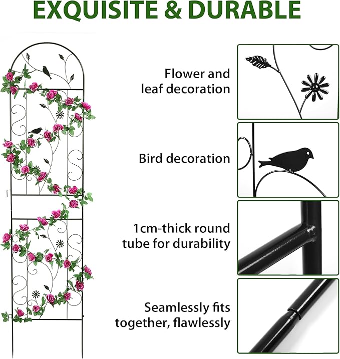 Metal Garden Trellis for Climbing Plants, 86.5" x 19.7" Metal Plant Trellis Outdoor, Black Iron Garden Trellis, Clematis Rrellis Outdoor, Arched Decoration Suitable for courtyards, lawns, Gard