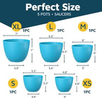 Blue Plant Pots with Drainage Holes & Saucers 5 Pack, Indoor & Outdoor Stackable Space-Saving Planters for Houseplants & Flowers, (7", 6.7", 6", 5.3", and 4.8" Inches), Durable & Weatherproof