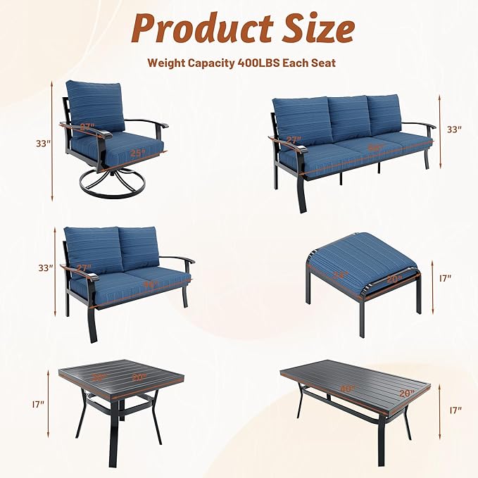 HOMREST Outdoor Couch Aluminum Patio Furniture Sofa, 3-Seat All-Weather Metal Outdoor Patio Furniture with Cushions, Blue