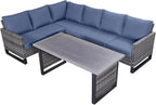 Belord Outdoor Sectional Sofa 6 Seater L Shaped Couch Wicker Patio Conversation Furniture Set with Tree-Grain Finish Metal Dining Table, Rattan Outdoor Furniture with Removable Washable Cushion Blue