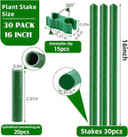 Garden Stakes 16 Inch 30 Pack, Diy 4ft 5ft 6ft 7ft 8ft Tomato Stakes Plastic Coated Metal Plant Sticks Stakes Supports with 20 Connectors 15 Rotatable Clips for Indoor Outdoor Plants Vegetable