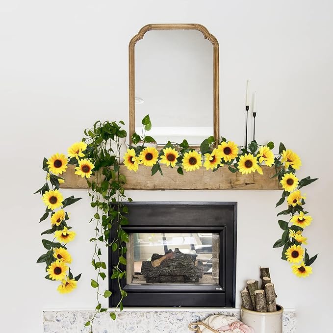 Artificial Sunflower Garland, 7.5 Ft Green Silk Vines, 12 Pack