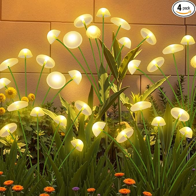 KAQ 4PK 32LED Solar Garden Lights Outdoor Waterproof | Solar Mushroom Lights for Outside Sway by Wind Firefly Fairy Light for Patio Pathway Garden Bush Yard Decorations (Warm White)