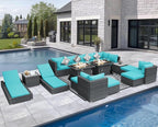 NICESOUL 18 Piece Outdoor Sectional with Fire Pit Table, Luxury Huge Patio Furniture with Fire Pit Table & Chaise Lounge, 14-Seater Wide Deep Seated Sofa for Deck, Poolside Gray & Turquoise